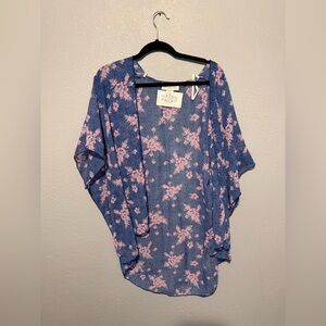Floral Kimono Large Sleeve Coverup in Blue and Pink